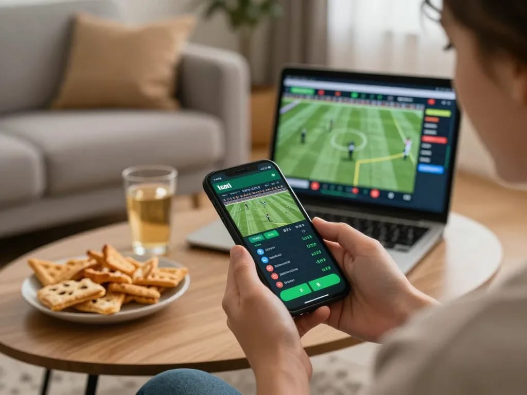 Player engaging with nhà cái c168 app for sports betting in a cozy home setting