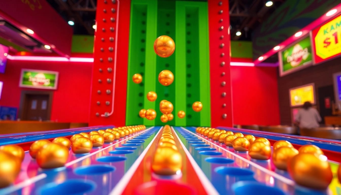Permainan plinko demo dengan bola emas jatuh melalui pegangan, menggambarkan keseruan permainan.