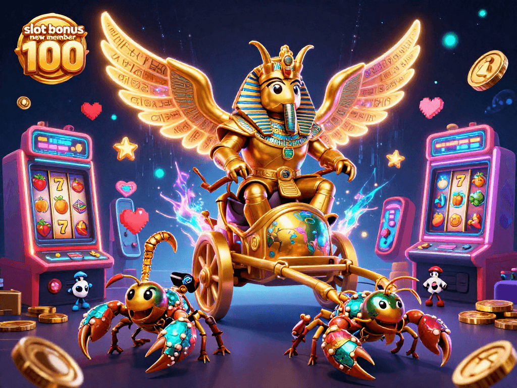 Experience excitement with slot bonus new member 100 featuring dynamic slot machines and a grand artistic scene.