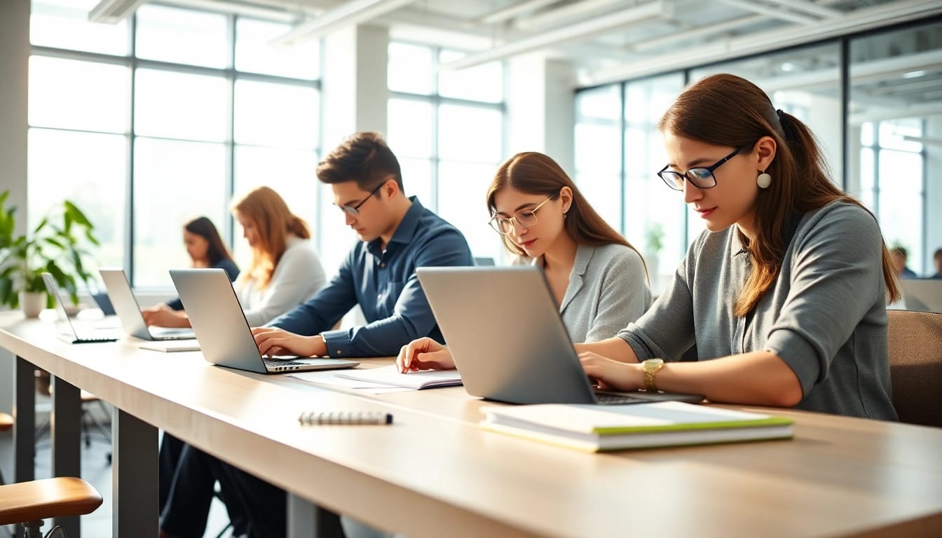 Hire proficient TOEFL test takers in a bright, modern study space, collaborating and focusing.