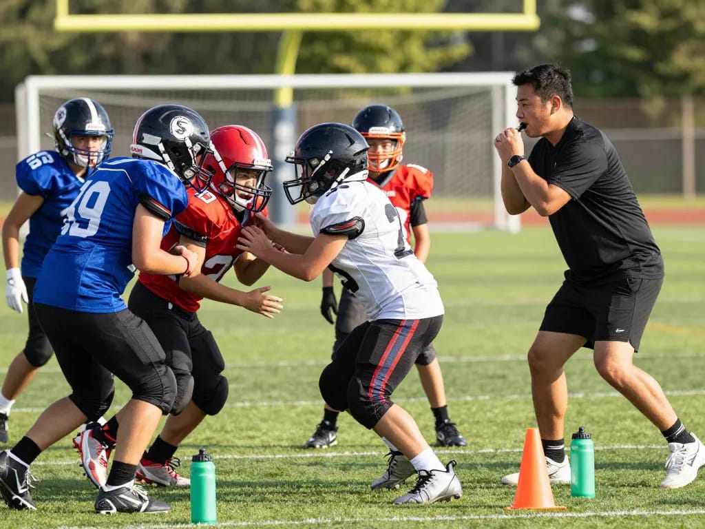 Young athletes wearing shoulder braces for football during practice, focused on drills and teamwork.
