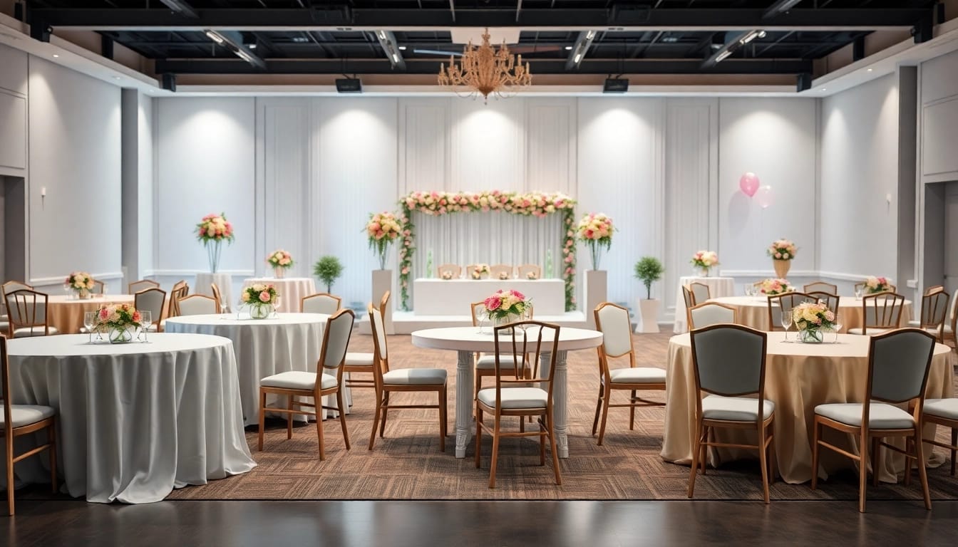 Showcasing Table & Chair Rentals arranged elegantly in a beautifully decorated venue for events.