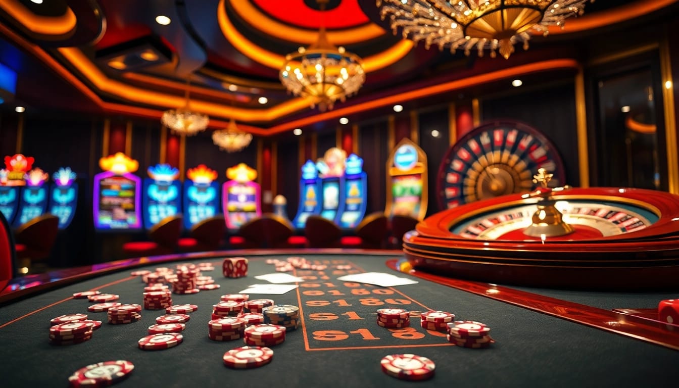 SHBET gaming table filled with chips and roulette wheel in an exclusive casino.