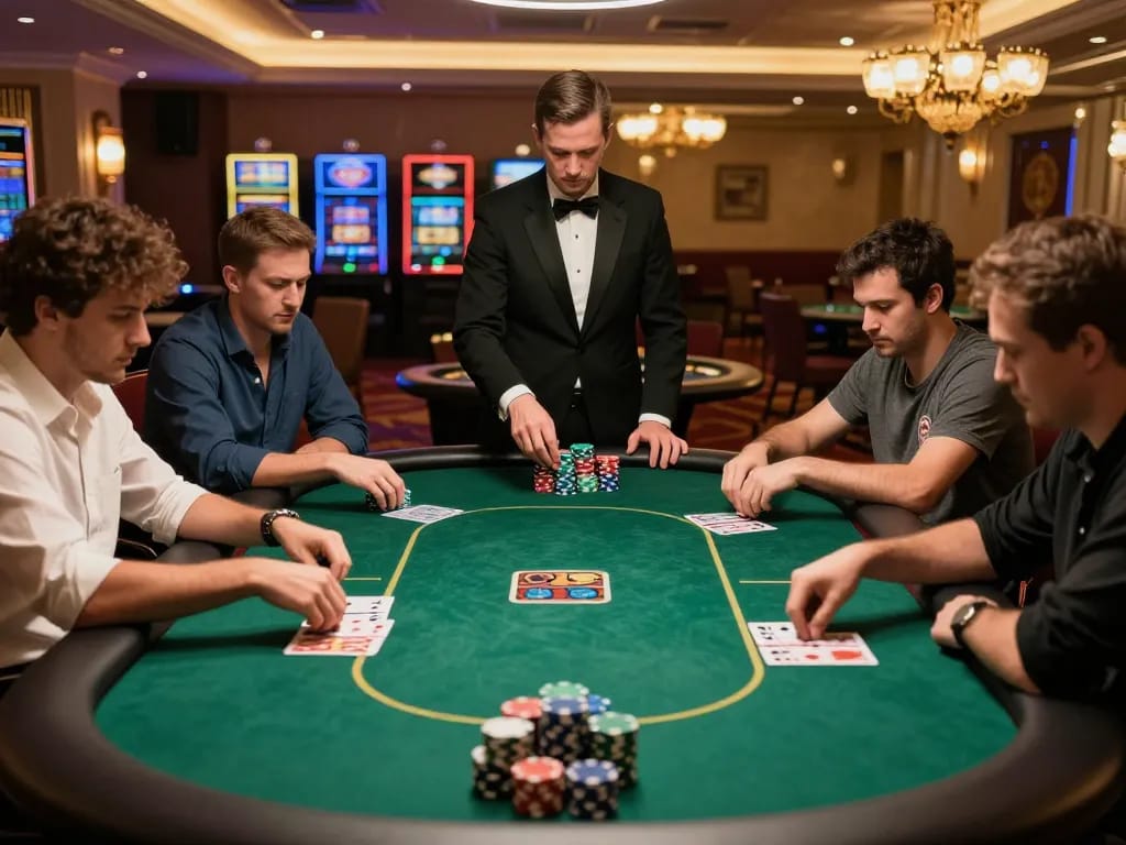 Experience thrilling poker gameplay at open888 with players strategizing and competing in a luxurious casino.