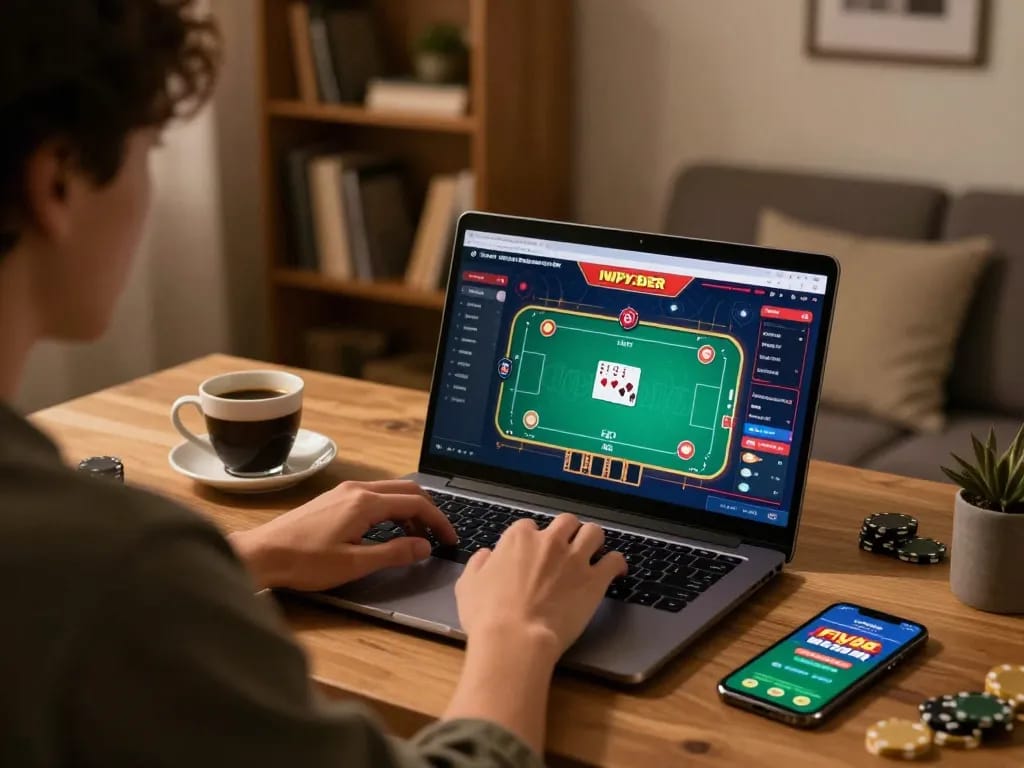 Player enjoying an online poker game with the fly88 app in a cozy home office.