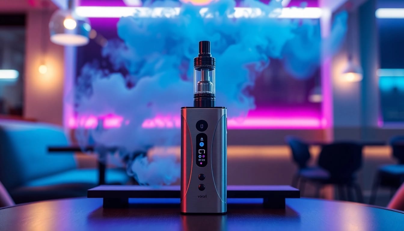Vozol Vape-Gerät auf einem eleganten Tisch mit lebhaften Dampfwolken im Hintergrund.
