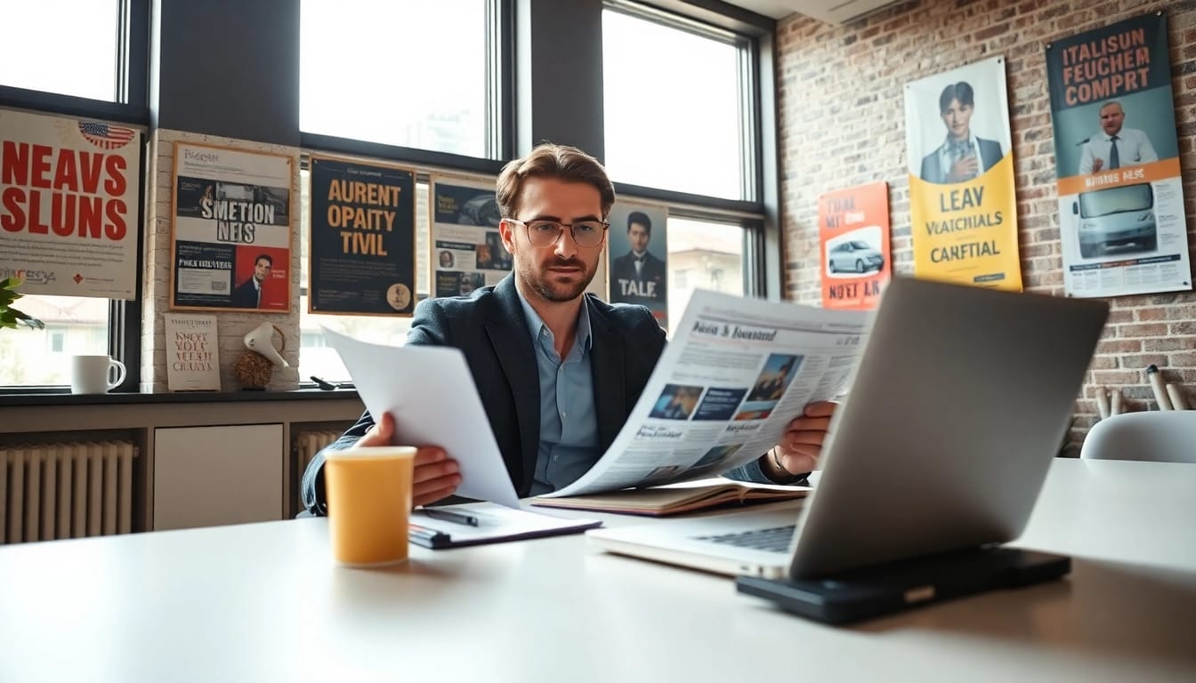 Engaging news columnist analyzing news articles at a modern workspace.