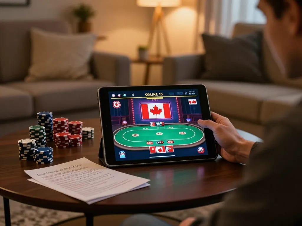 Player enjoying online casinos in Canada reddit while strategizing in a cozy living room.