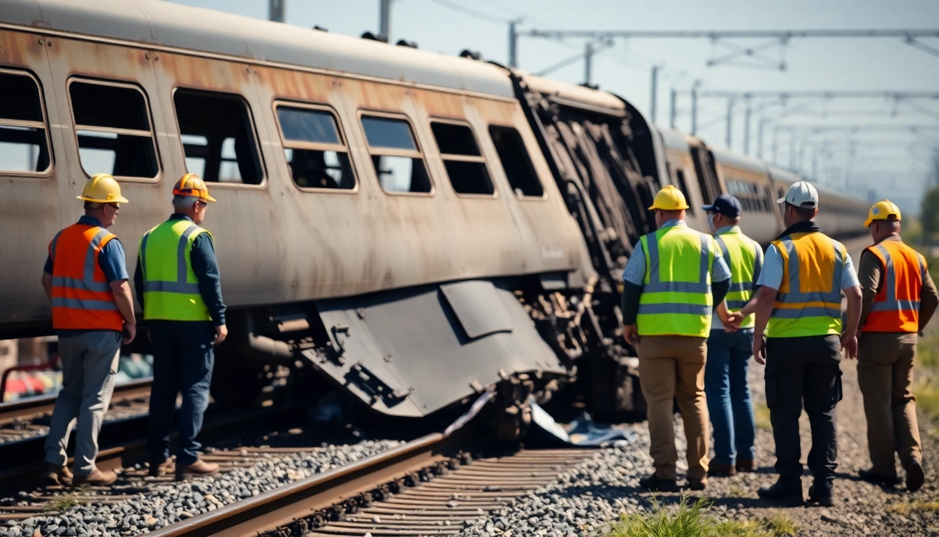 Derailment incident with emergency responders assessing the situation.