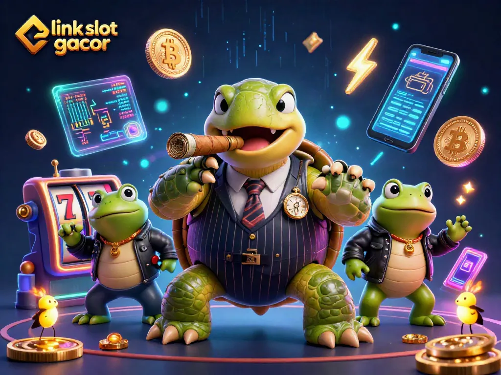 Engage with link slot gacor through vibrant gambling scene featuring animated turtle and bullfrog enforcers.