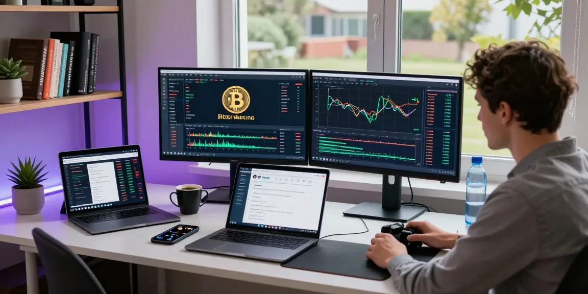 Bitcoin mining analysis in a modern workspace with cryptocurrency trading setups and monitoring tools.