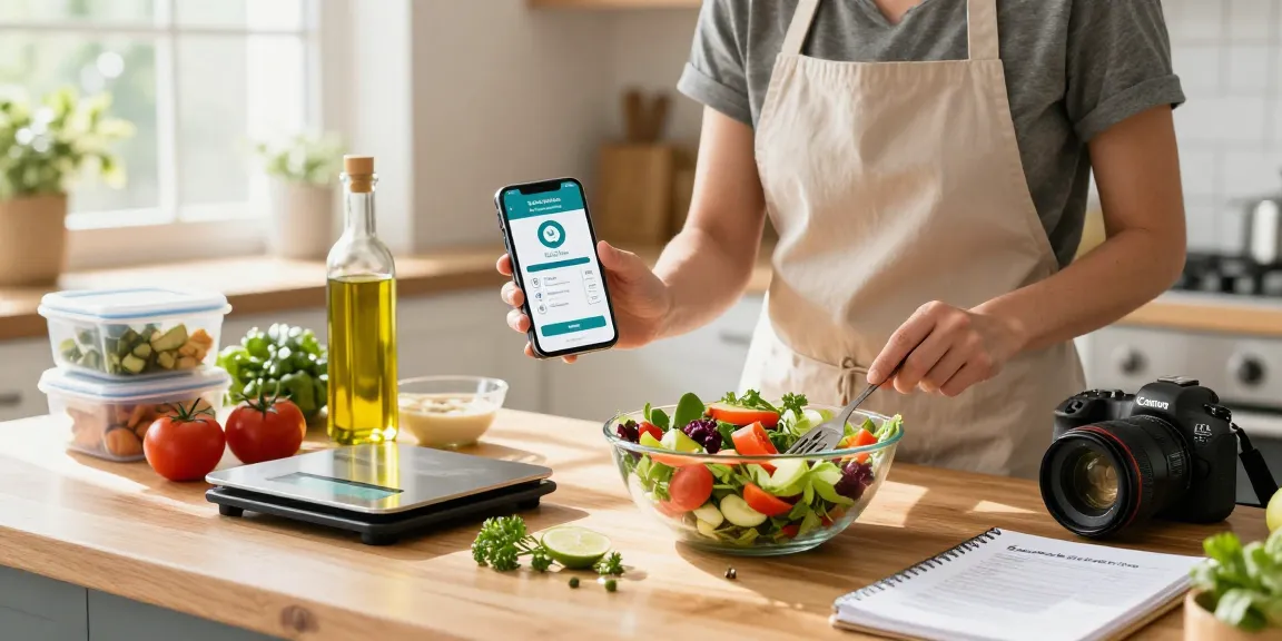 Home cook using the best calorie tracking app while preparing a fresh salad in a bright kitchen.