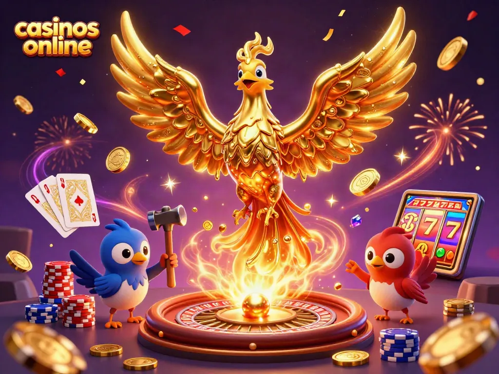 Gana en casinos online con una imagen dinámica de un fénix dorado y elementos de juego vibrantes.