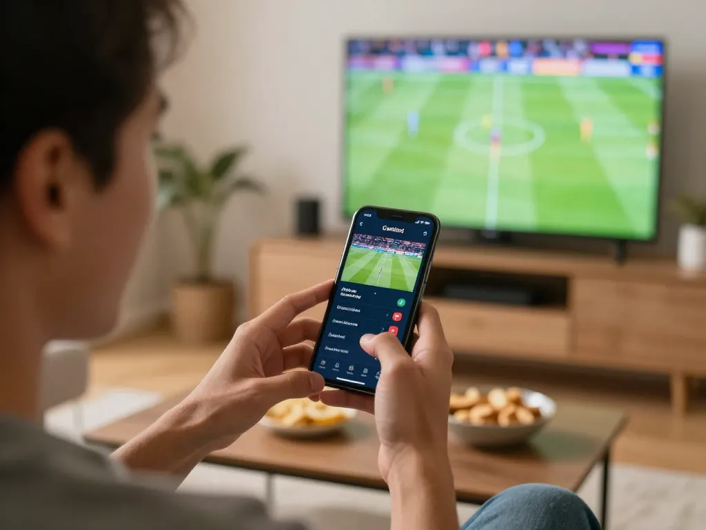 Experience the excitement of sports betting with open888 on a smartphone in a cozy living room.