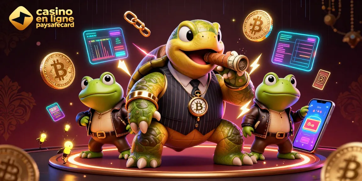 Image d'une illustration 3D colorée représentant un casino en ligne avec paysafecard, mettant en scène une tortue et des grenouilles.