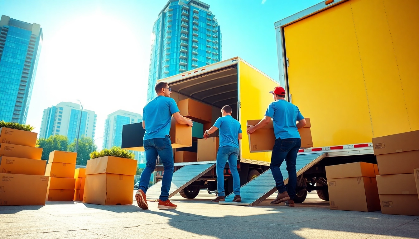 Team of movers transporting furniture showcasing moving services edmonton in an urban setting.