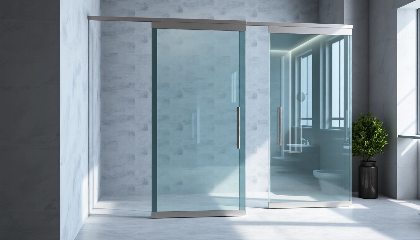 Showcasing sliding shower doors in a modern bathroom with minimalist design.