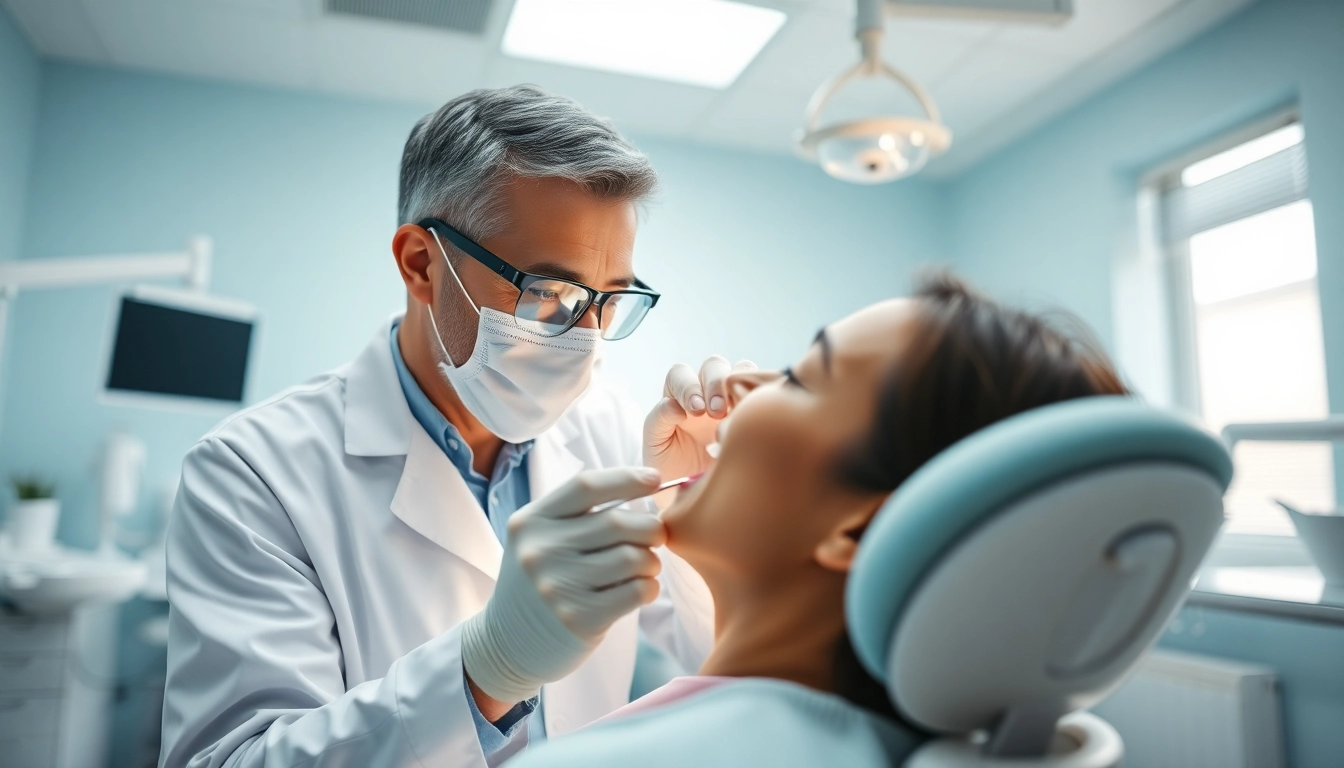 Dedicated dentist providing oral care and examination in a modern dental office setting.
