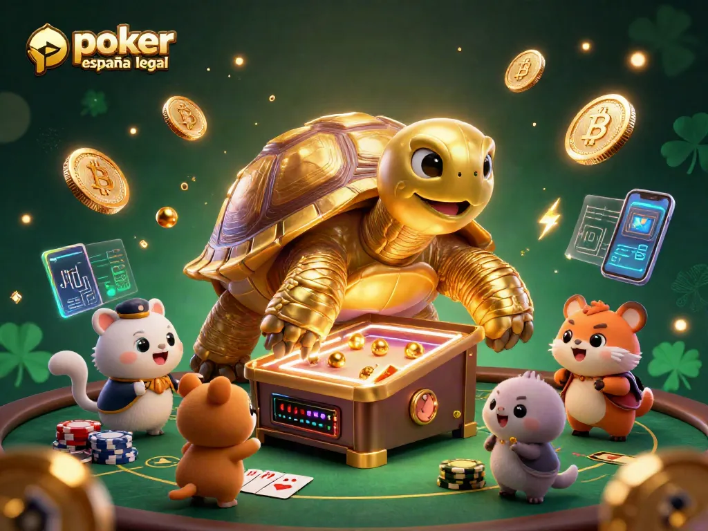 Una escena vibrante de poker online España legal con tortuga gigante y juegos de cartas