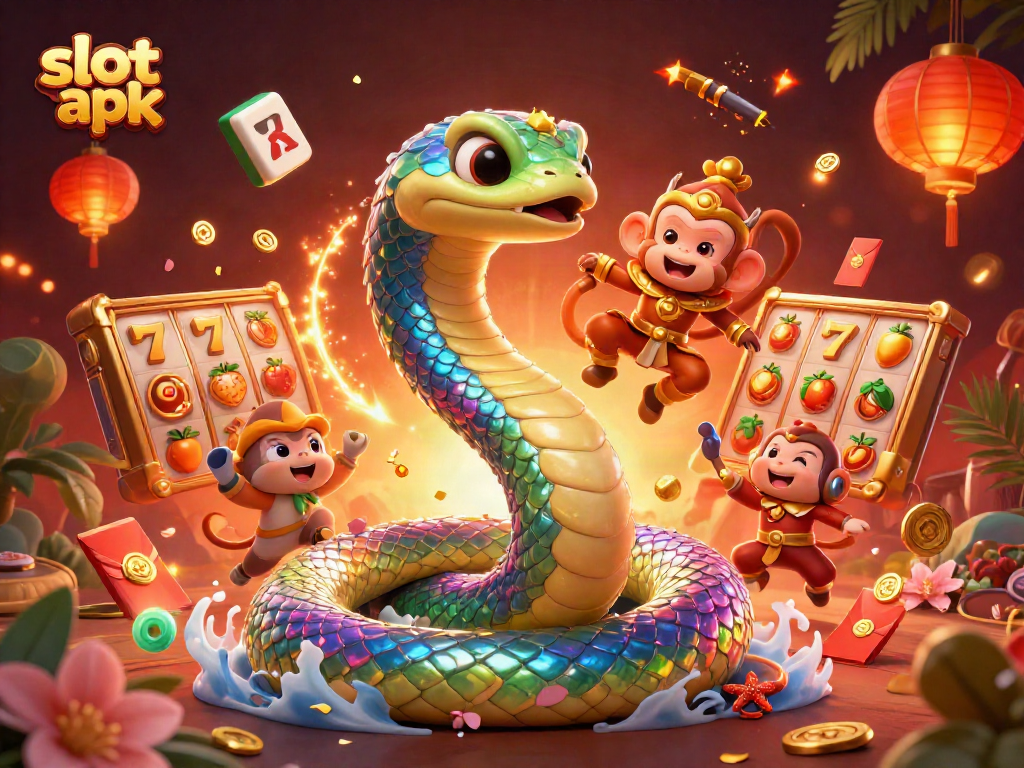 Experience vibrant slot apk action with a rainbow serpent and monkey king amidst magical symbols.
