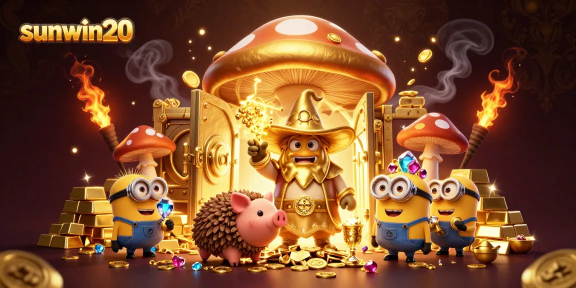 Experience the magic of sunwin20 with gold treasures and characters in a vibrant casino scene.