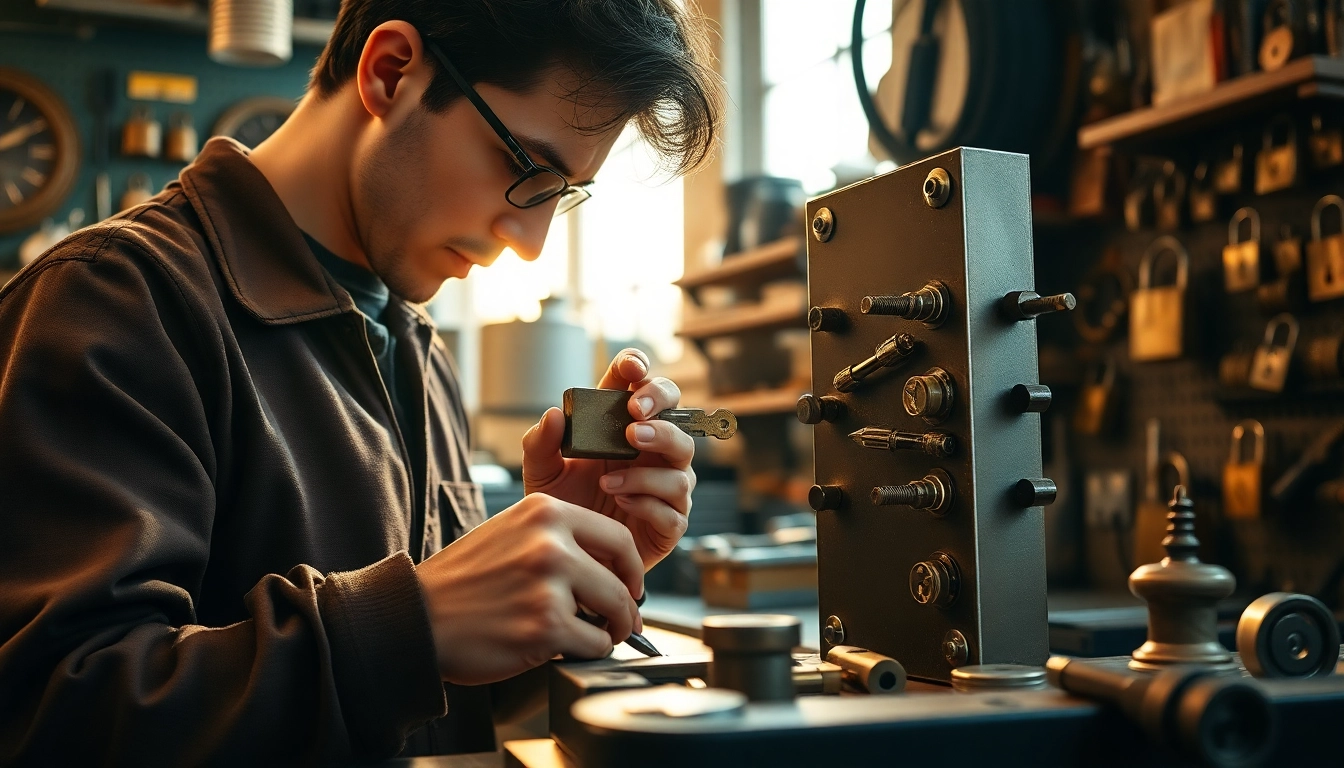 Locksta: Professioneller Schlosser arbeitet an einem modernen Schloss.