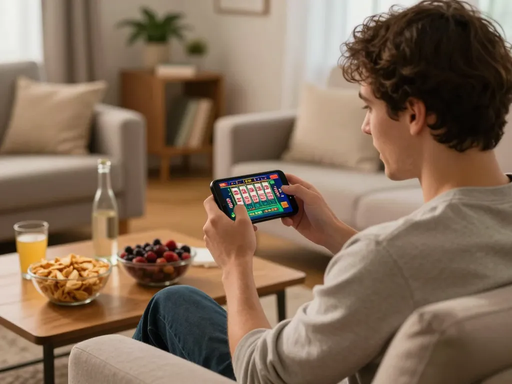 Playing LINK CM88 on a smartphone in a cozy home setting while enjoying snacks and drinks.