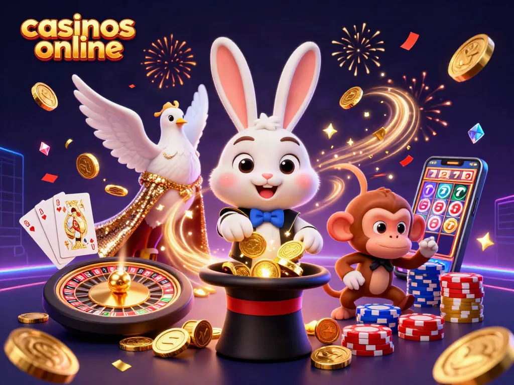 Disfruta de los casinos online con un conejo mago y un mono travieso recogiendo fichas en una ilustración mágica.