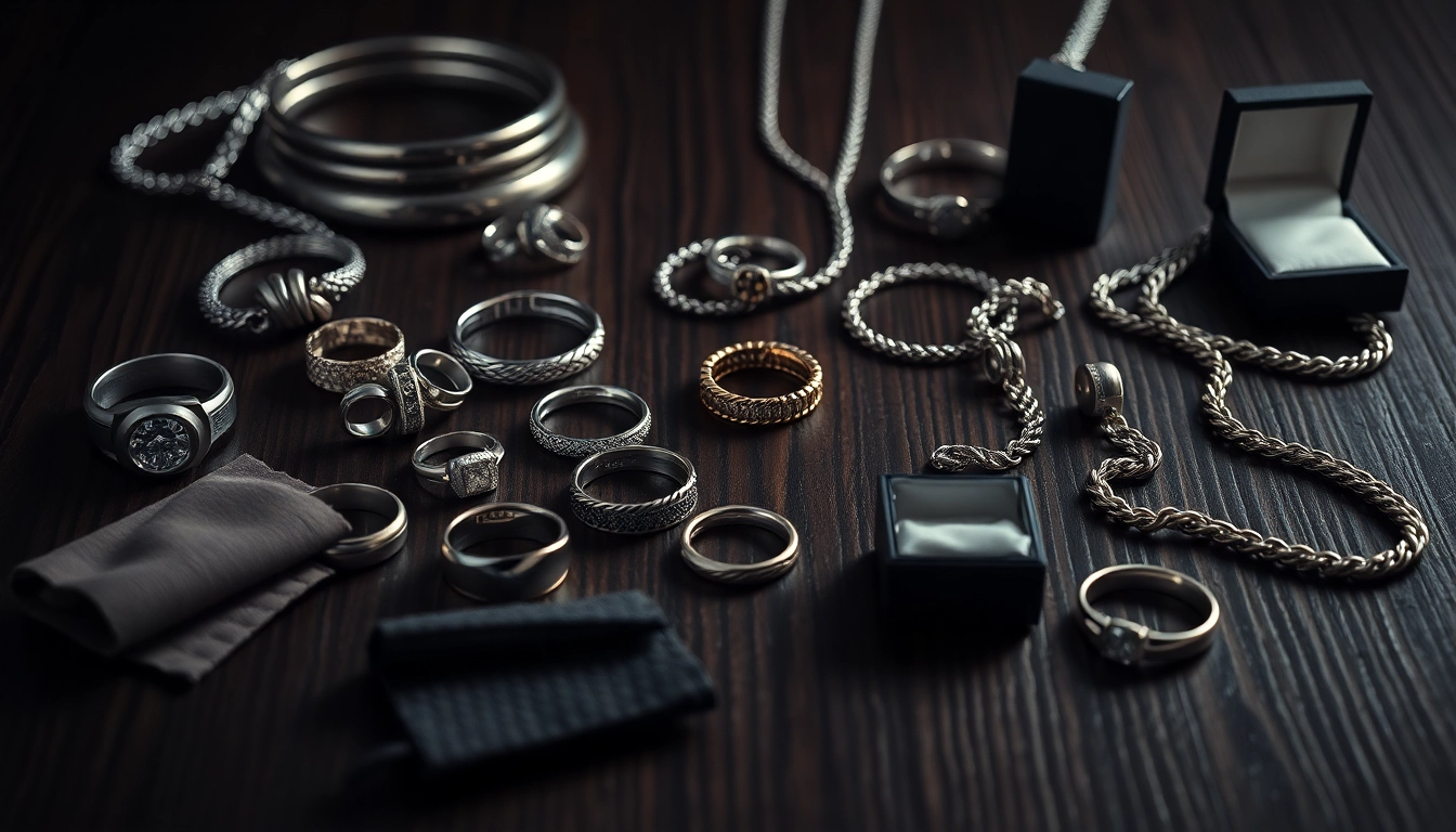 Showcase of men's jewelry items beautifully arranged on a dark wood surface.