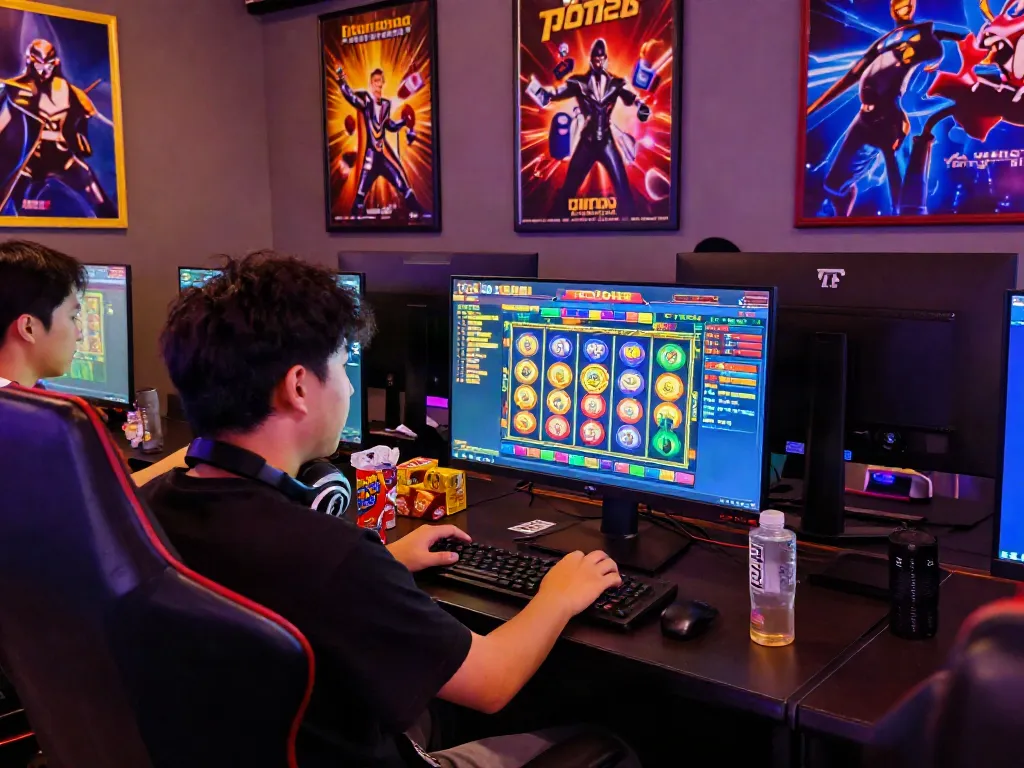 Engaged player immersed in the rokok88 slot game at vibrant online casino, showcasing exciting gaming elements.