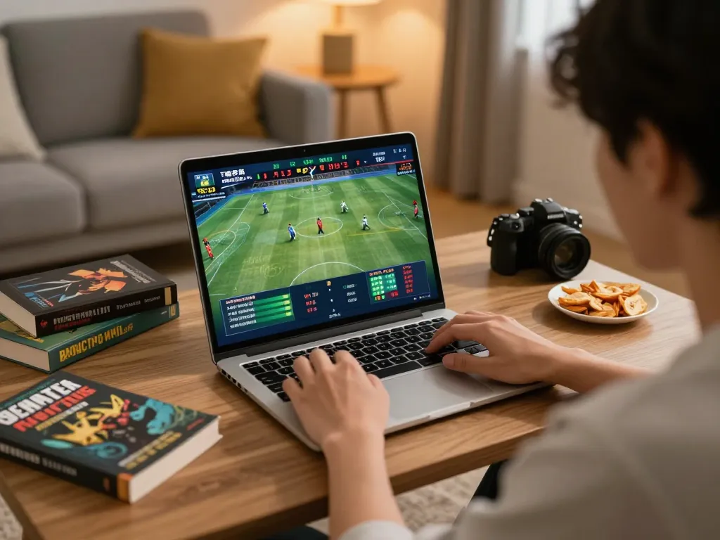 Person engaging in sports betting at home using 123b-bm online platform, focused on live match updates.