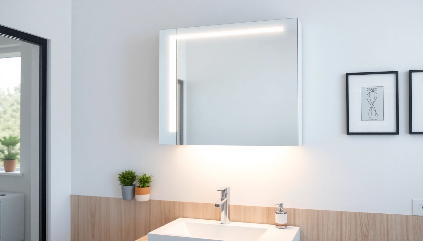 Spiegelschrank mit LED Beleuchtung in modernem Badezimmer mit eleganter Einrichtung