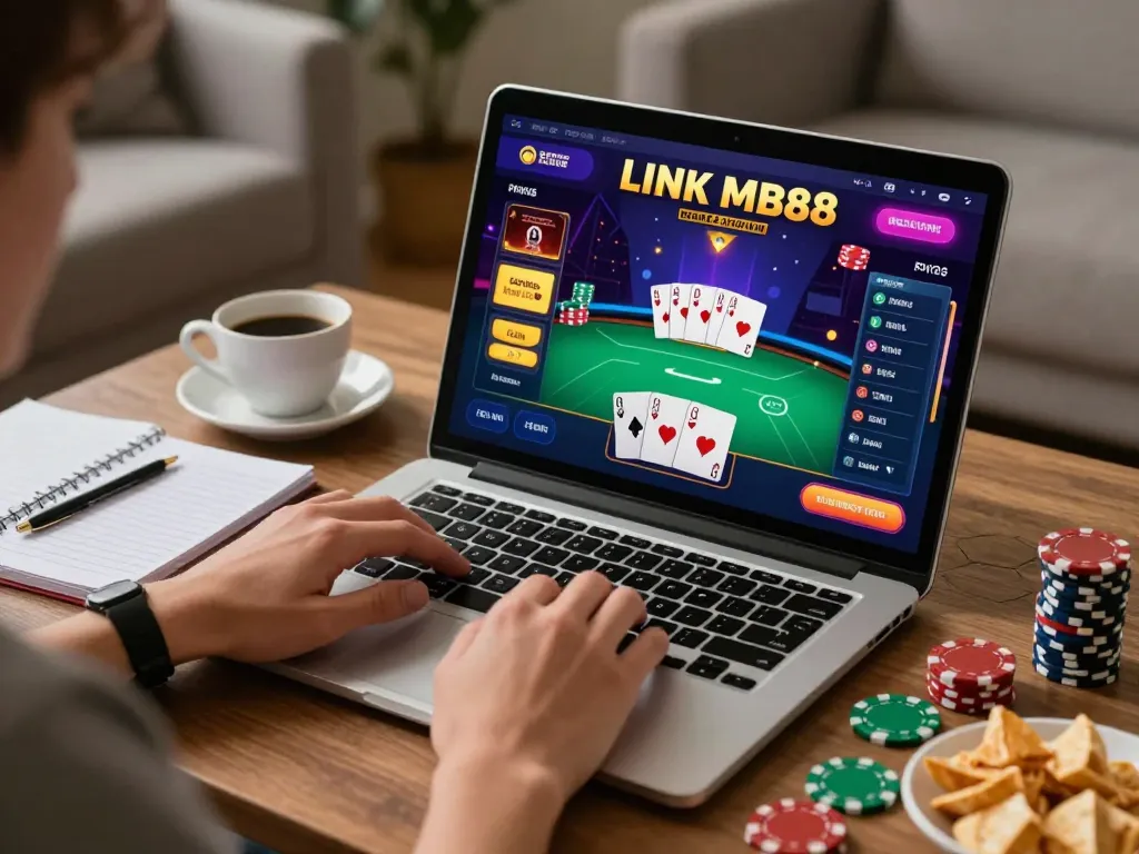 Engaged player exploring LINK MB88 gaming interface on a cozy home setup with poker chips.