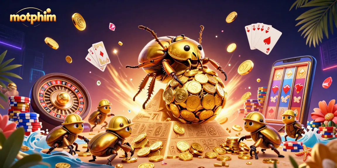 Experience motphim's thrilling gambling scene with a golden dung beetle rolling coins in this vibrant illustration.
