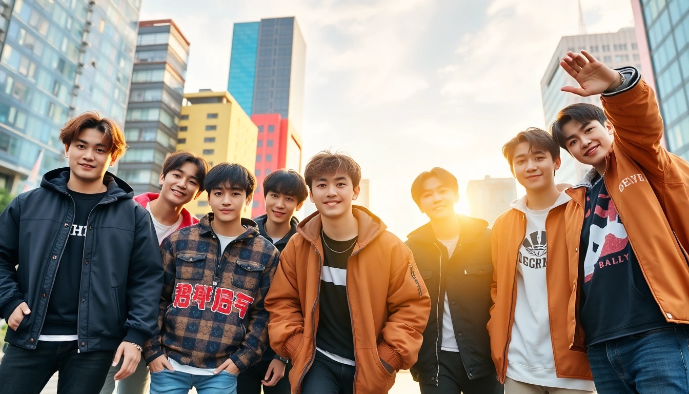 Portrait of bts members displaying their unique styles against a vibrant urban backdrop.