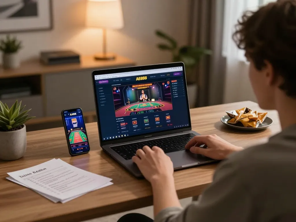 Engaging gameplay at LINK AE888 with a modern online gaming setup in a cozy home office.