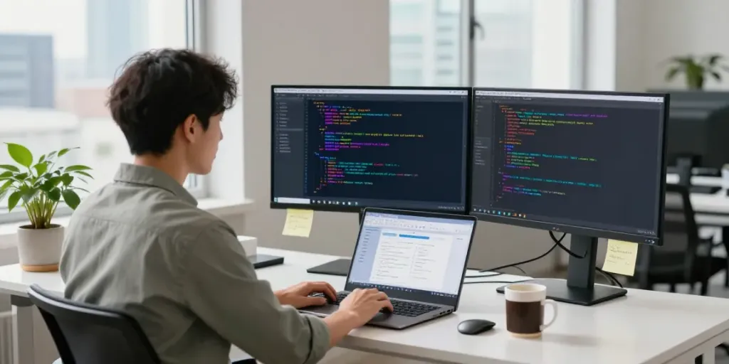 Developer using Notepad++ in a bright coding workspace.