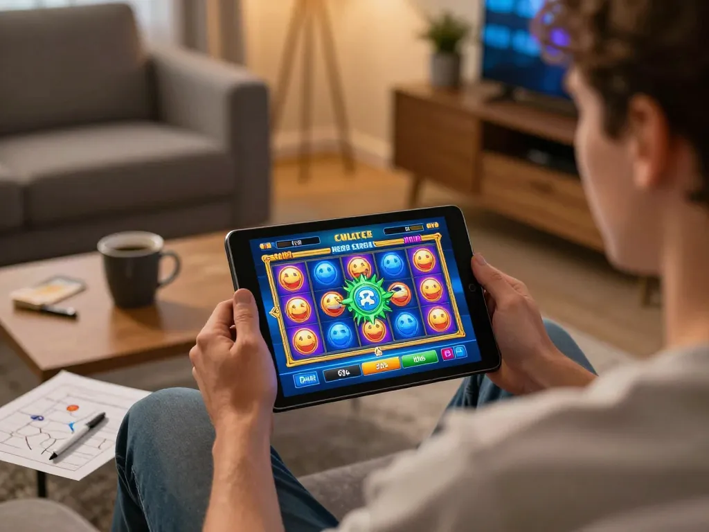 Player enjoying casino online senza registrazione on a tablet in a cozy home setting.