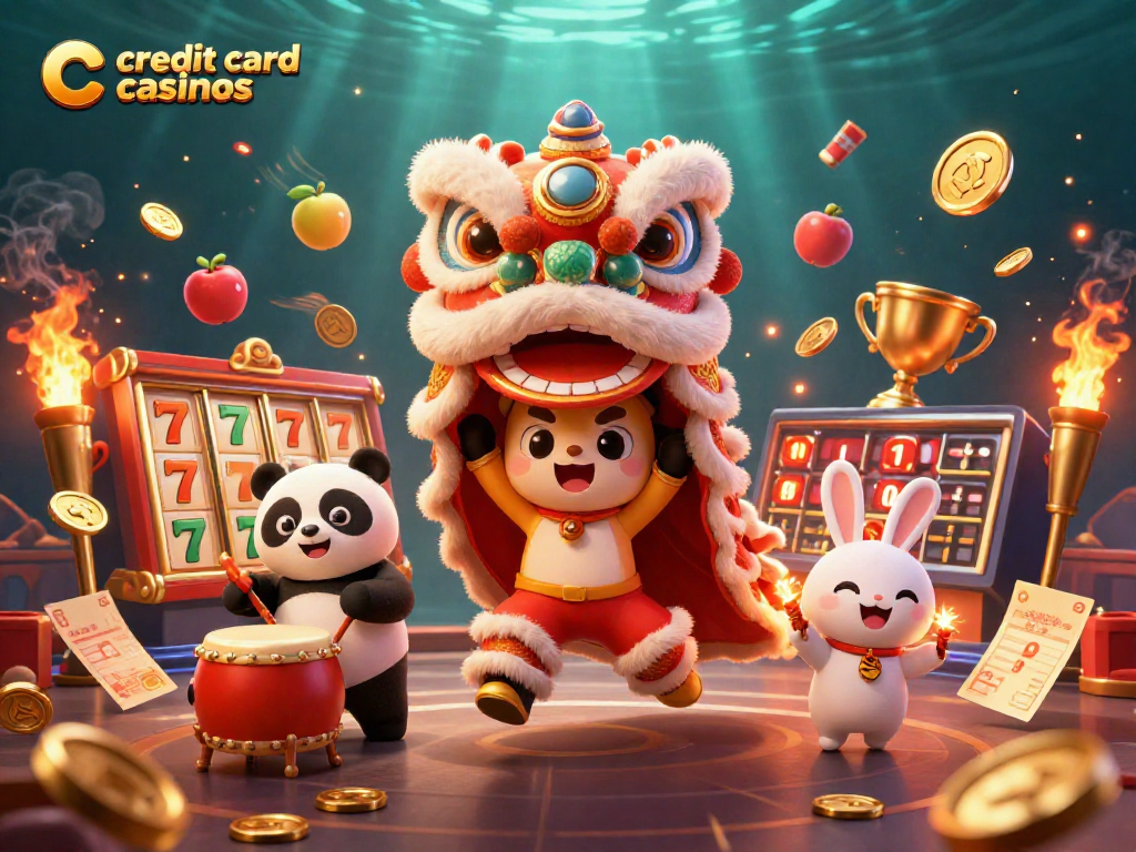 Experience excitement at credit card casinos with a dynamic scene of a lion dance and casino elements.