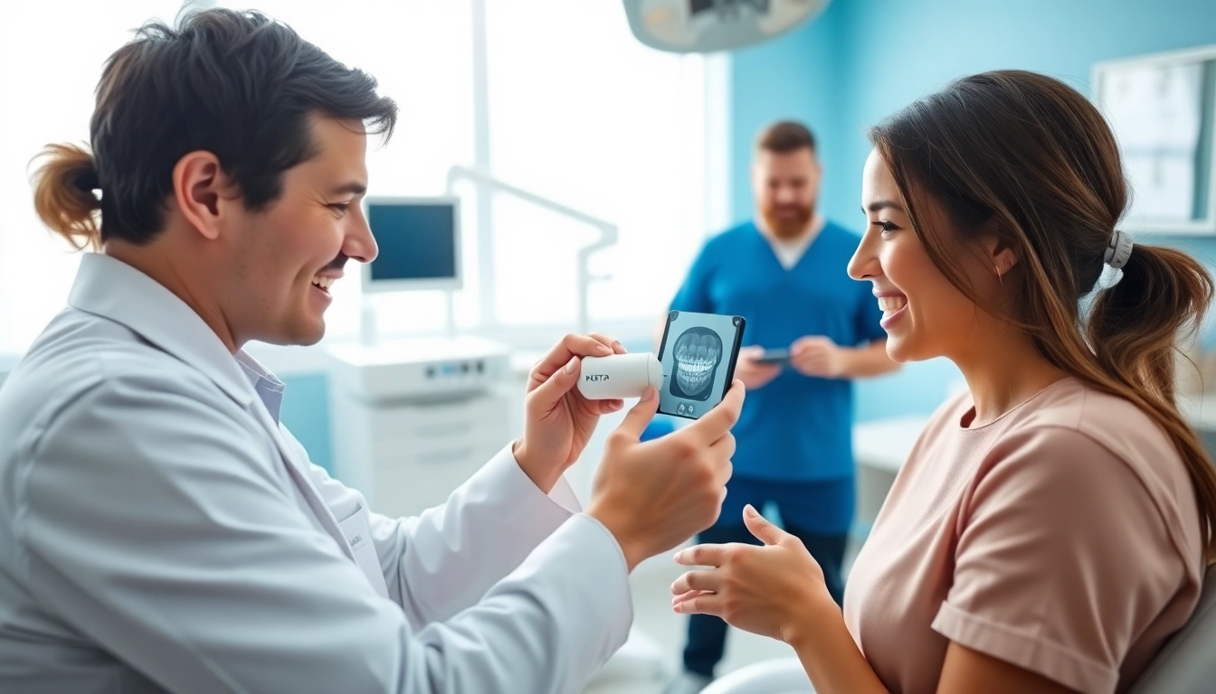 Orthodontist examining a patient in a modern clinic nearby, showcasing professional care and advanced technology.