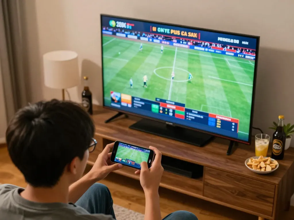 Nohu90 player engaging in live sports betting while enjoying a home game, smartphone and TV visible.