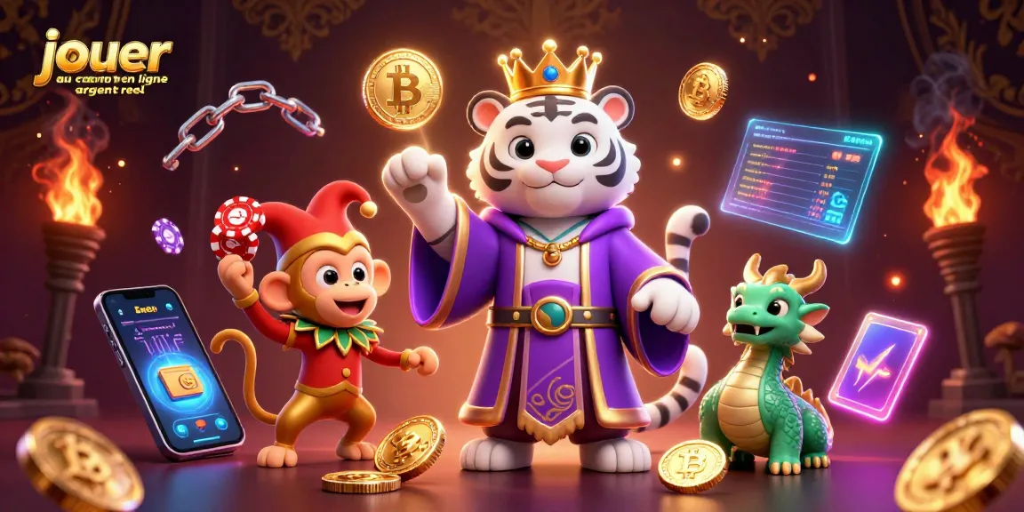 jouer au casino en ligne argent réel avec un tigre élégant et un singe joueur entourés de symboles de cryptomonnaie.