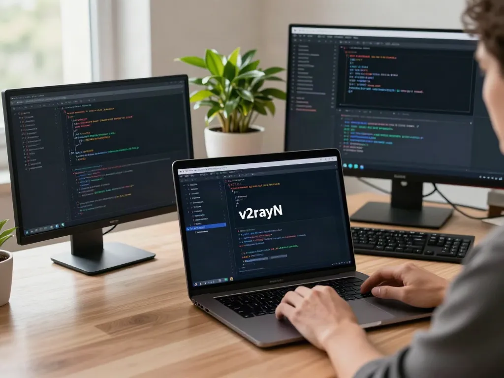 Developer configuring v2rayN software in a productive workspace with dual monitors and coding elements.