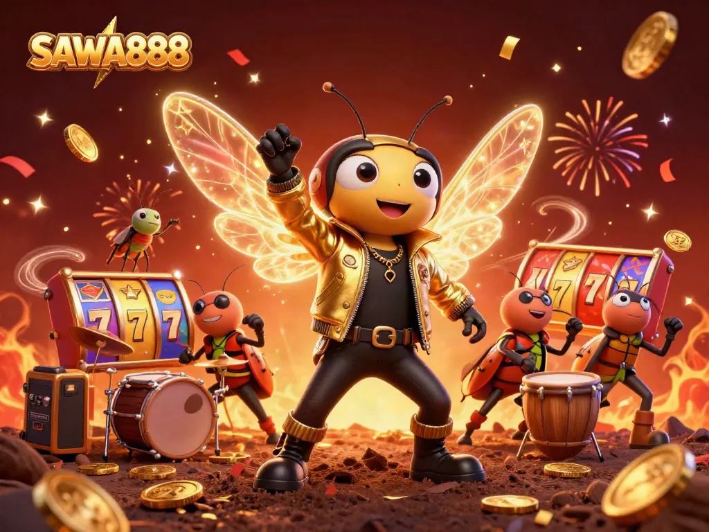 Engage with SAWA888 excitement through a vibrant casino scene with animated characters and colorful slot reels.