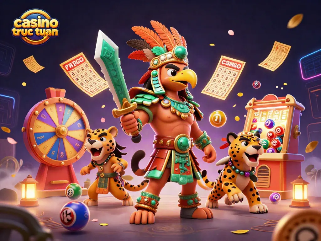 Tham gia casino truc tuyen với hình ảnh đầy màu sắc và sinh động từ chiến binh Aztec và bạn đồng hành.