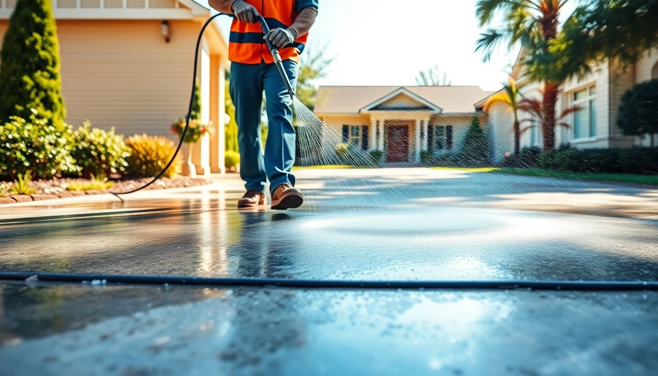 Concrete cleaning in progress with a technician using a pressure washer to transform a dirty driveway into a spotless surface.