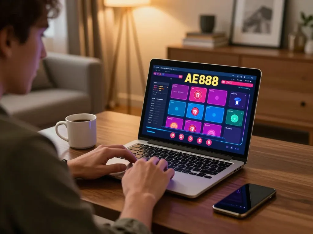 Engaging in online blackjack gameplay with LINK AE888 displayed on the laptop screen in a cozy home setting
