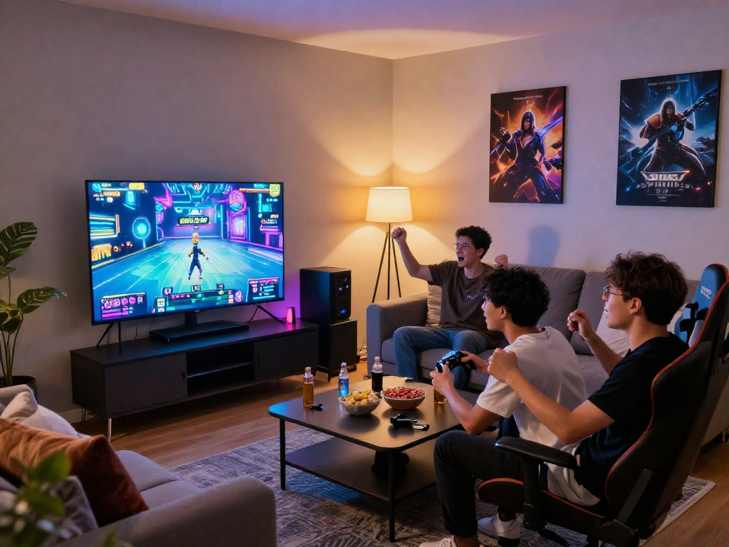 Hòa mình vào không khí chơi game hấp dẫn với Tải xuống ứng dụng Jin88 cùng bạn bè trong phòng khách hiện đại.