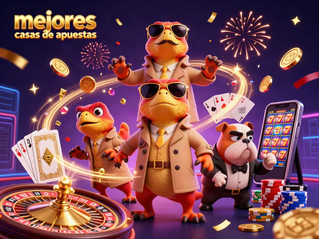 Mejores casas de apuestas representadas en una escena divertida con raptors y bouncer en un casino