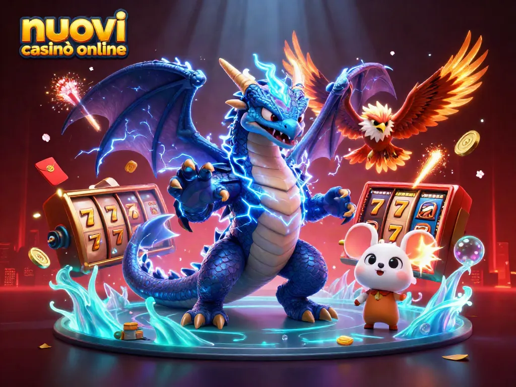 Scopri i nuovi casinò online attraverso una vibrante illustrazione 3D con drago e simboli di gioco.